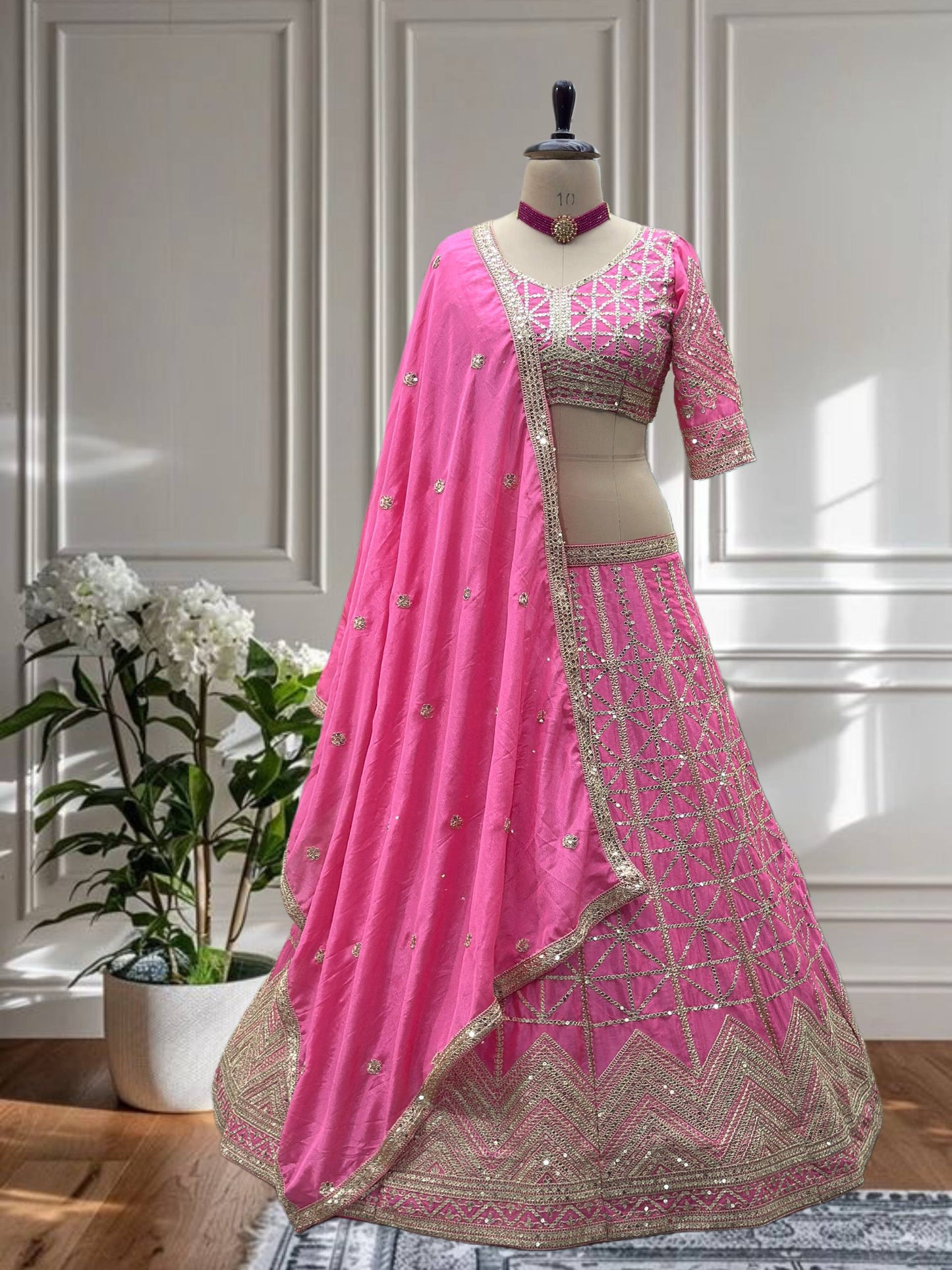 Women's Pink Color Chinon Silk Sequence Coding Work Lehenga Choli