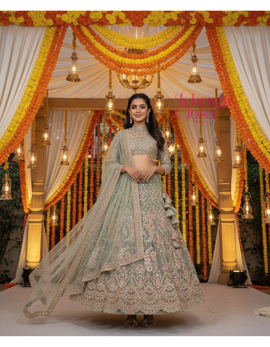 Wedding Wear Green Pista Color Net Coding Work Lehenga Choli