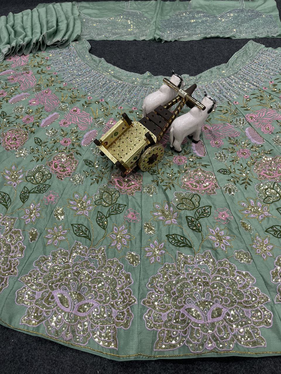 Pista Color Chinon Silk Lehenga Choli With Cancan & Canvas Patta