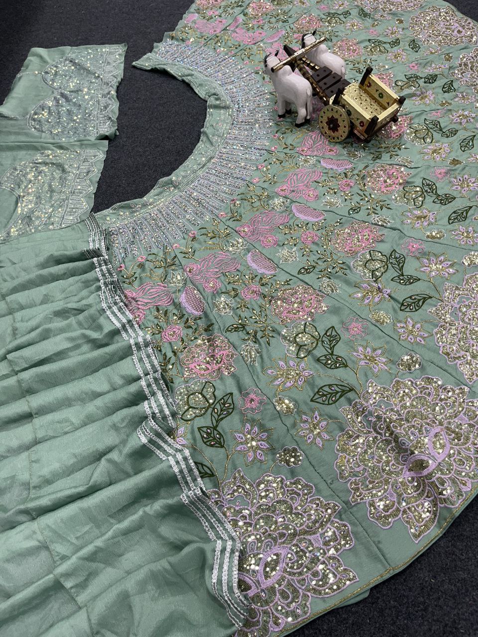 Pista Color Chinon Silk Lehenga Choli With Cancan & Canvas Patta
