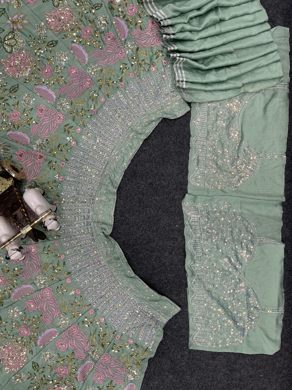 Pista Color Chinon Silk Lehenga Choli With Cancan & Canvas Patta