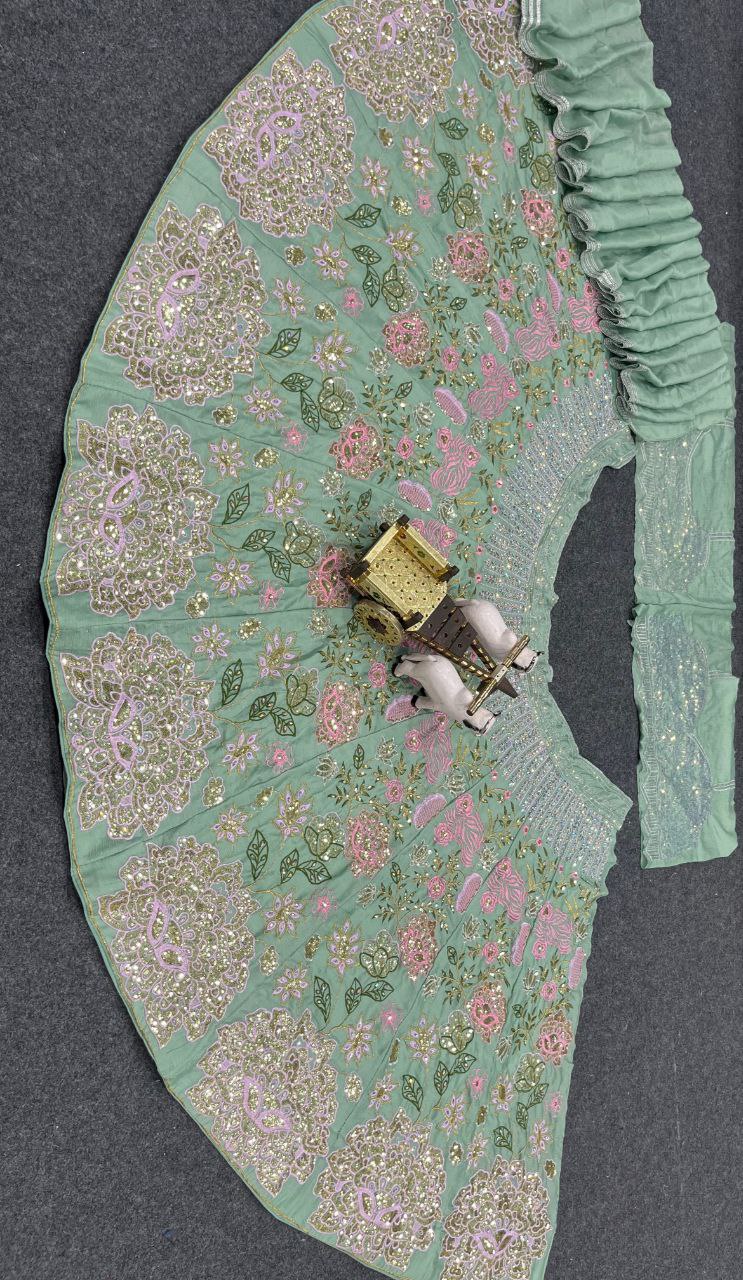 Pista Color Chinon Silk Lehenga Choli With Cancan & Canvas Patta
