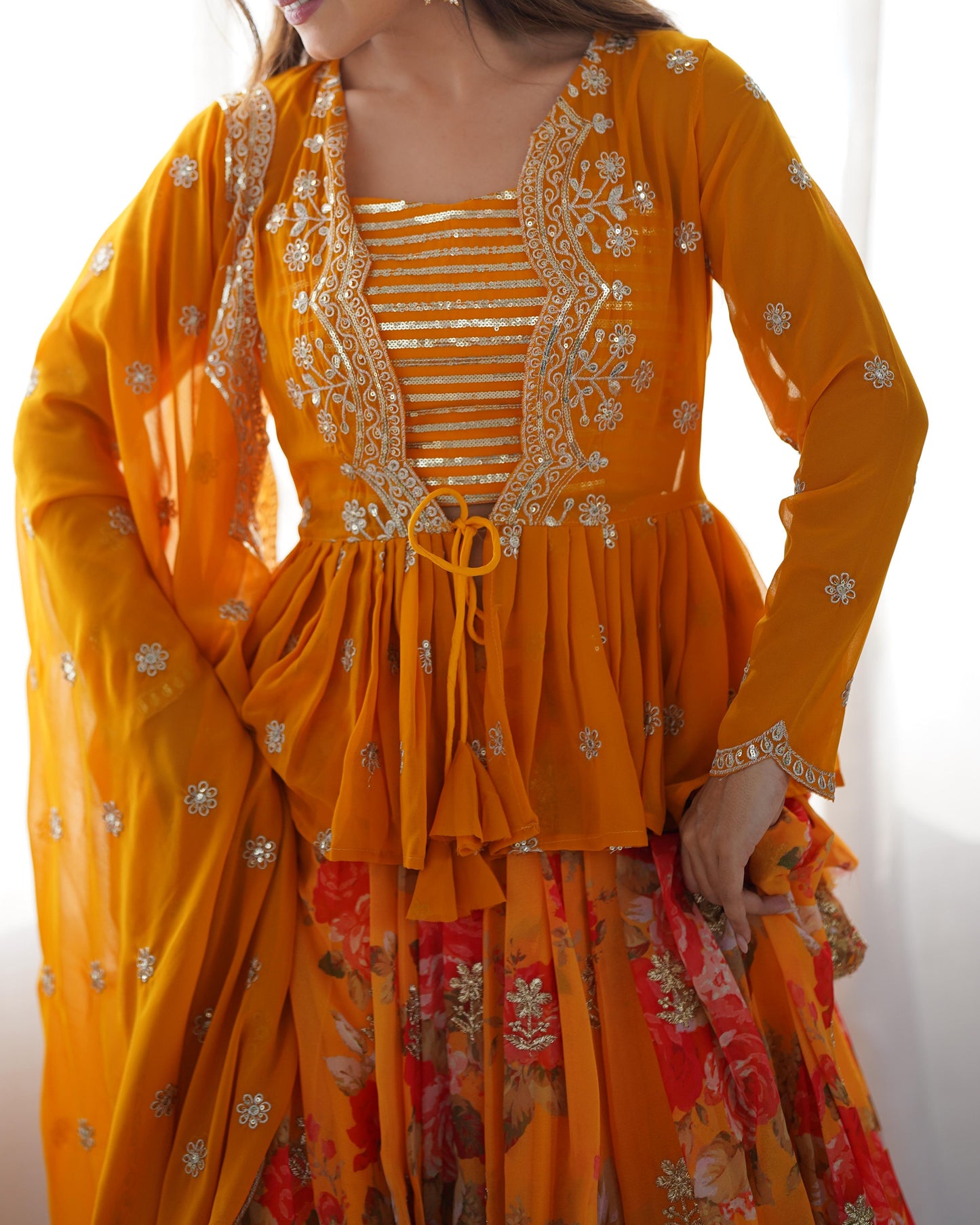 Orange Georgette Printed Stitched Jacket With Semi Stitched Lehenga Choli