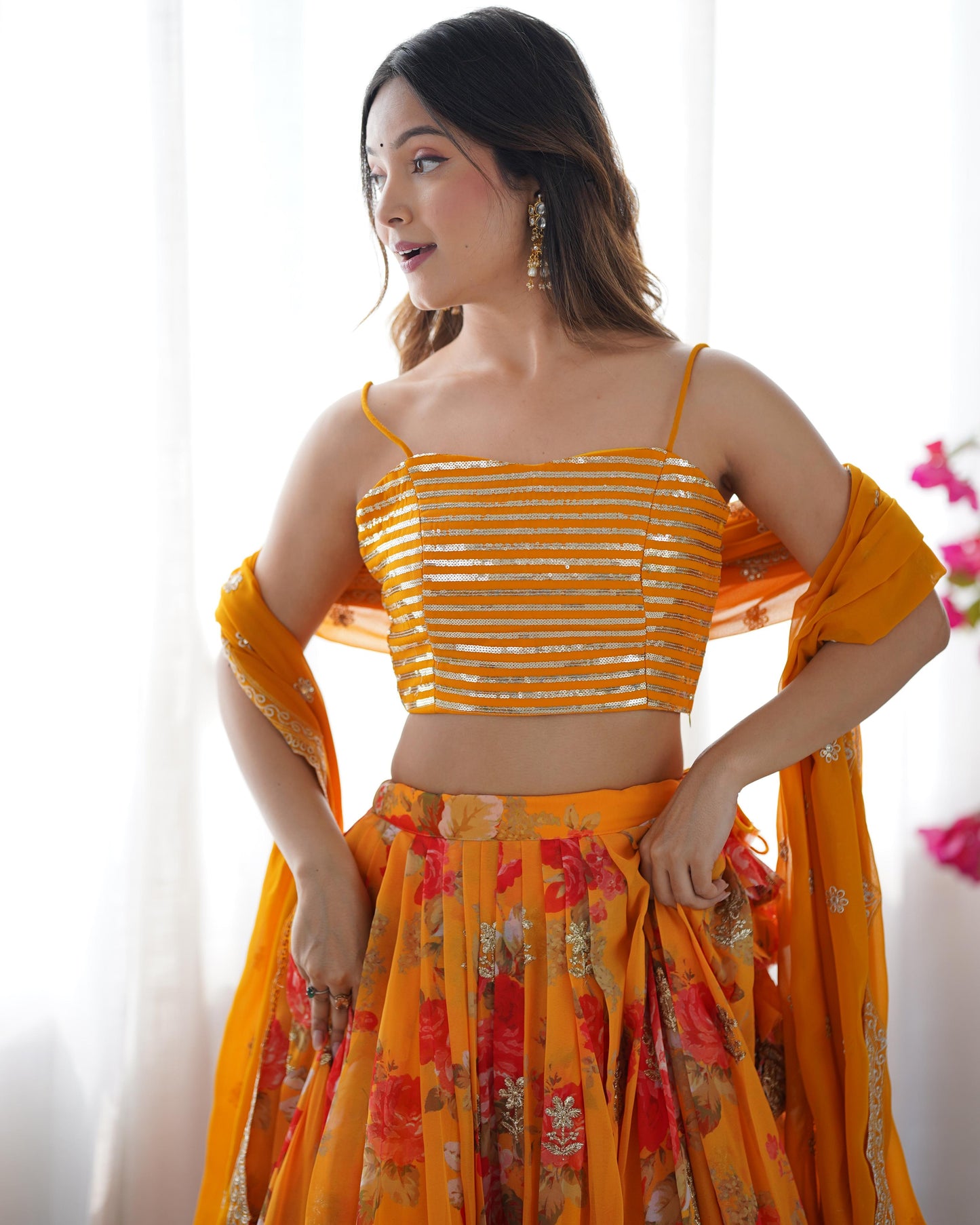 Orange Georgette Printed Stitched Jacket With Semi Stitched Lehenga Choli