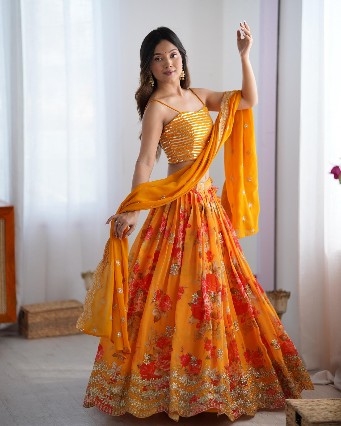 Orange Georgette Printed Stitched Jacket With Semi Stitched Lehenga Choli