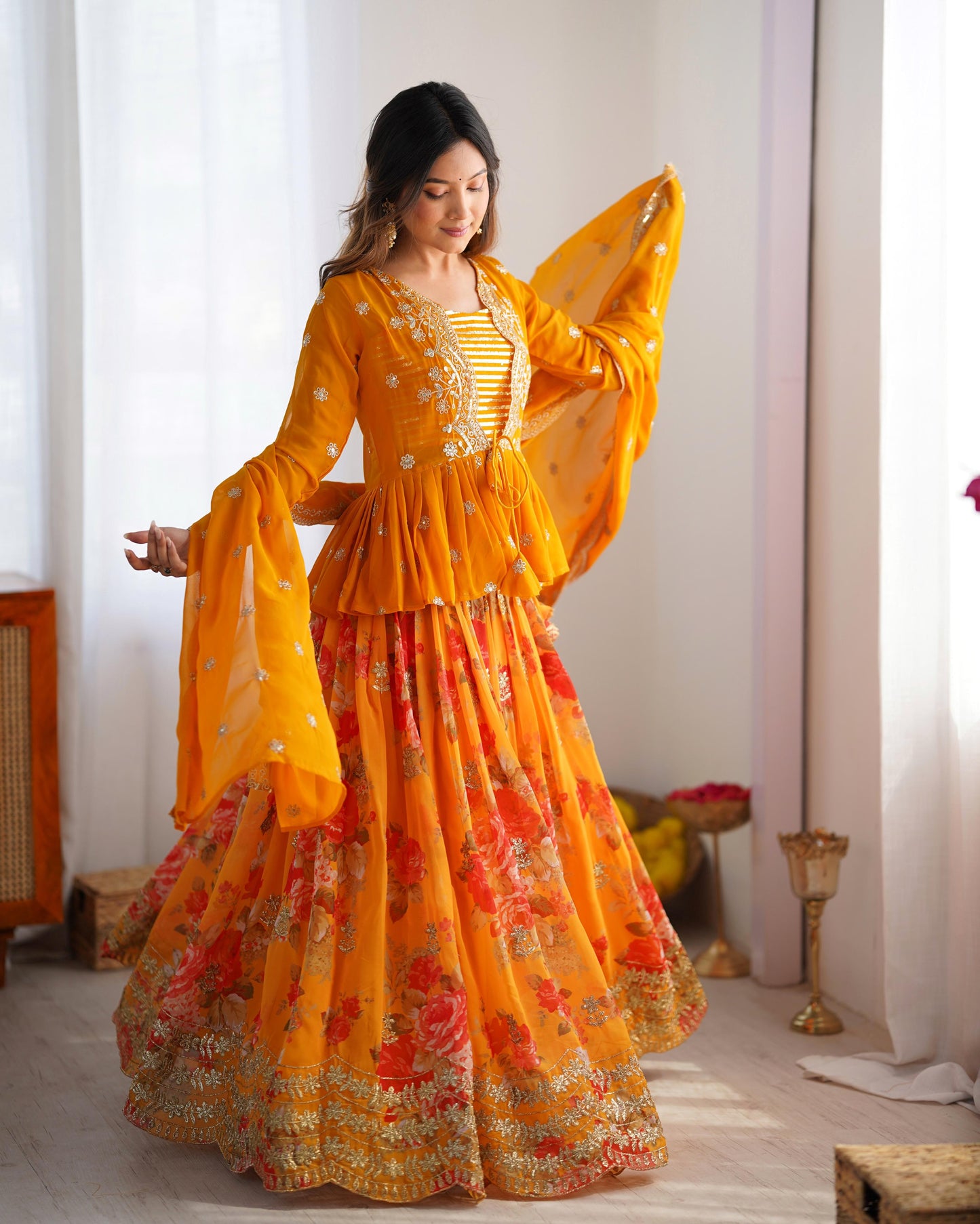 Orange Georgette Printed Stitched Jacket With Semi Stitched Lehenga Choli