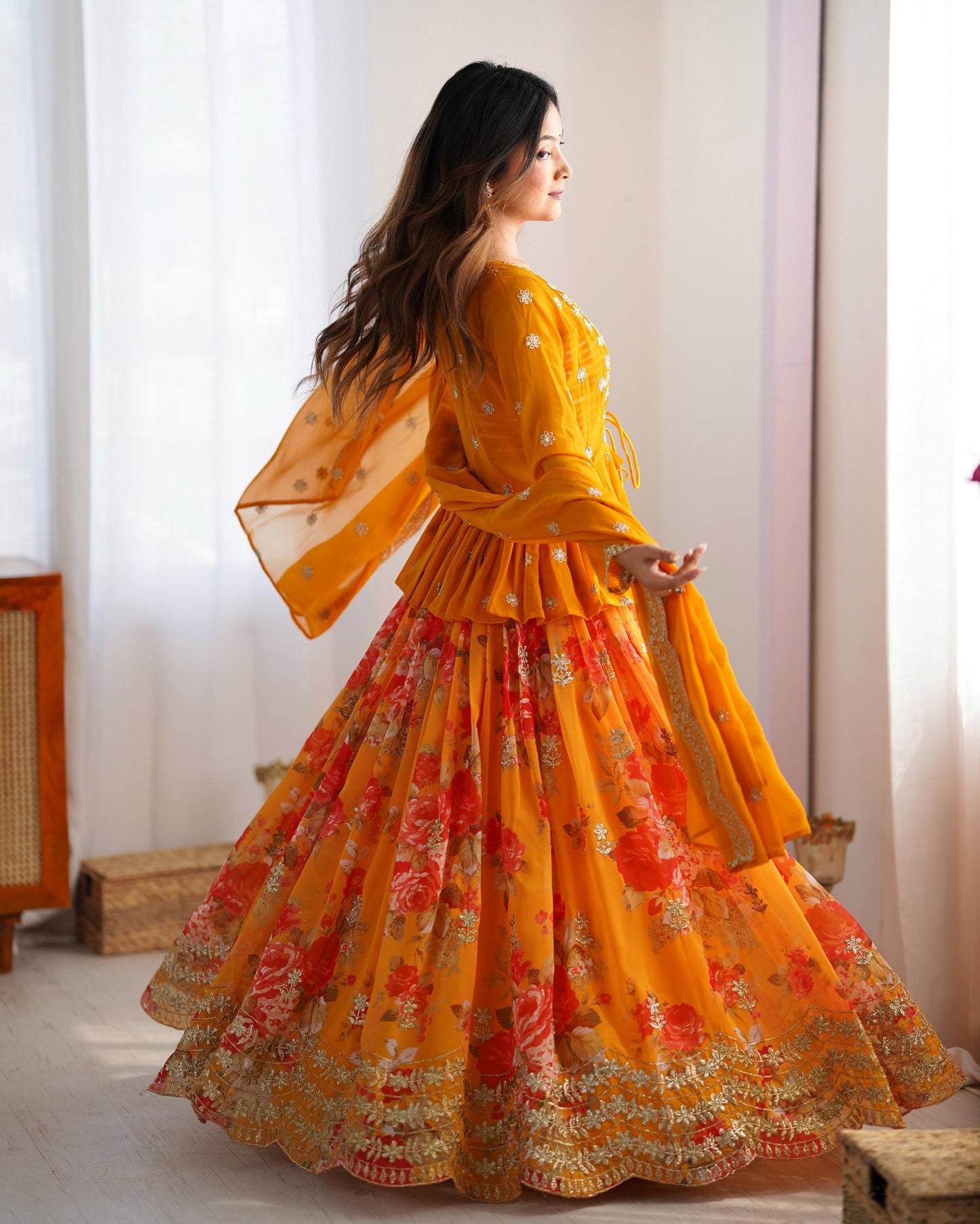 Orange Georgette Printed Stitched Jacket With Semi Stitched Lehenga Choli