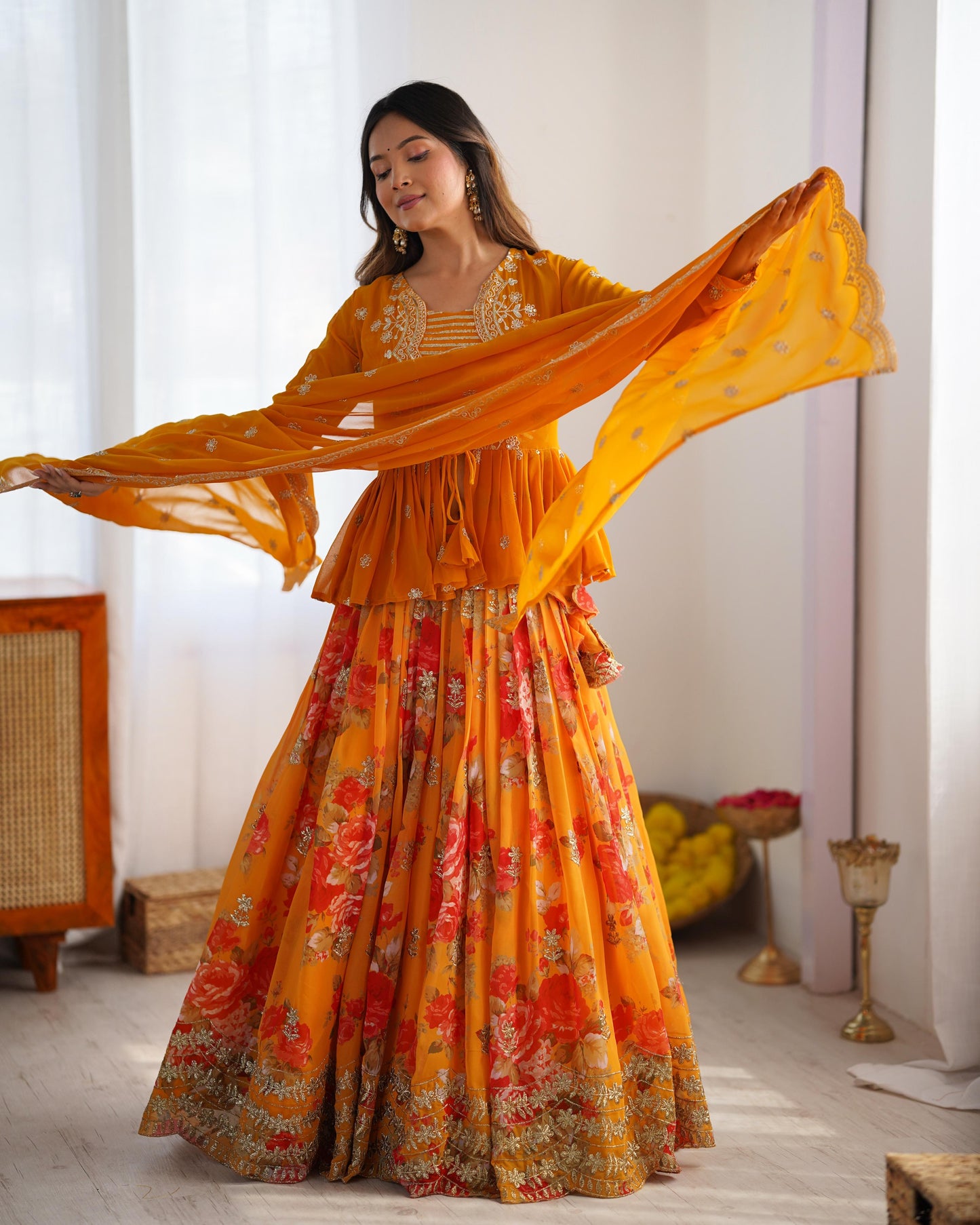 Orange Georgette Printed Stitched Jacket With Semi Stitched Lehenga Choli