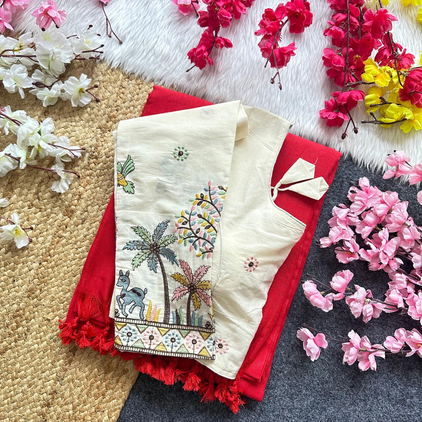 Rama Green Khadi Cotton Saree With Fully Stiched Designer Blouse