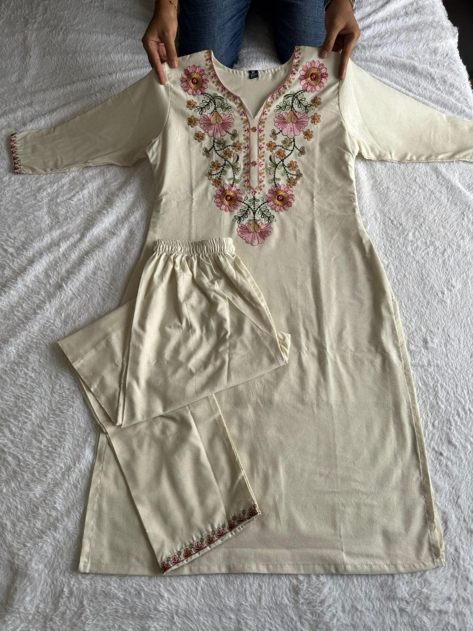 Cotton Thread Embroidered Neck Fully Stiched Kurta Pant Set