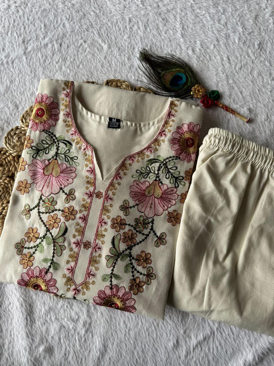 Cotton Thread Embroidered Neck Fully Stiched Kurta Pant Set