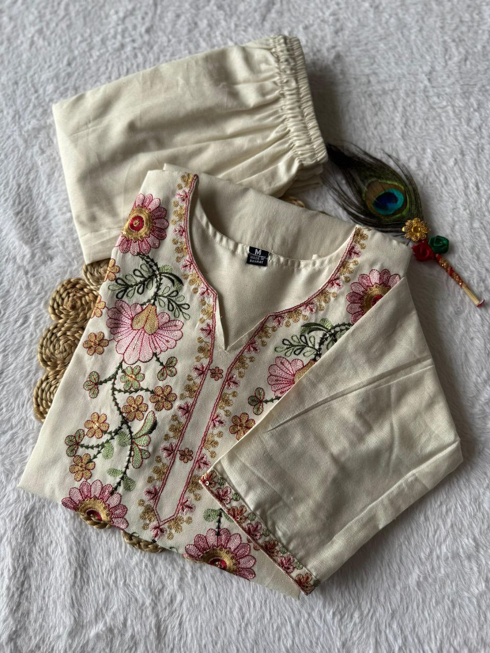Cotton Thread Embroidered Neck Fully Stiched Kurta Pant Set