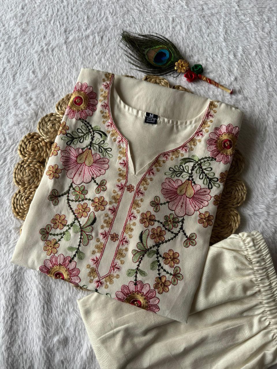 Cotton Thread Embroidered Neck Fully Stiched Kurta Pant Set