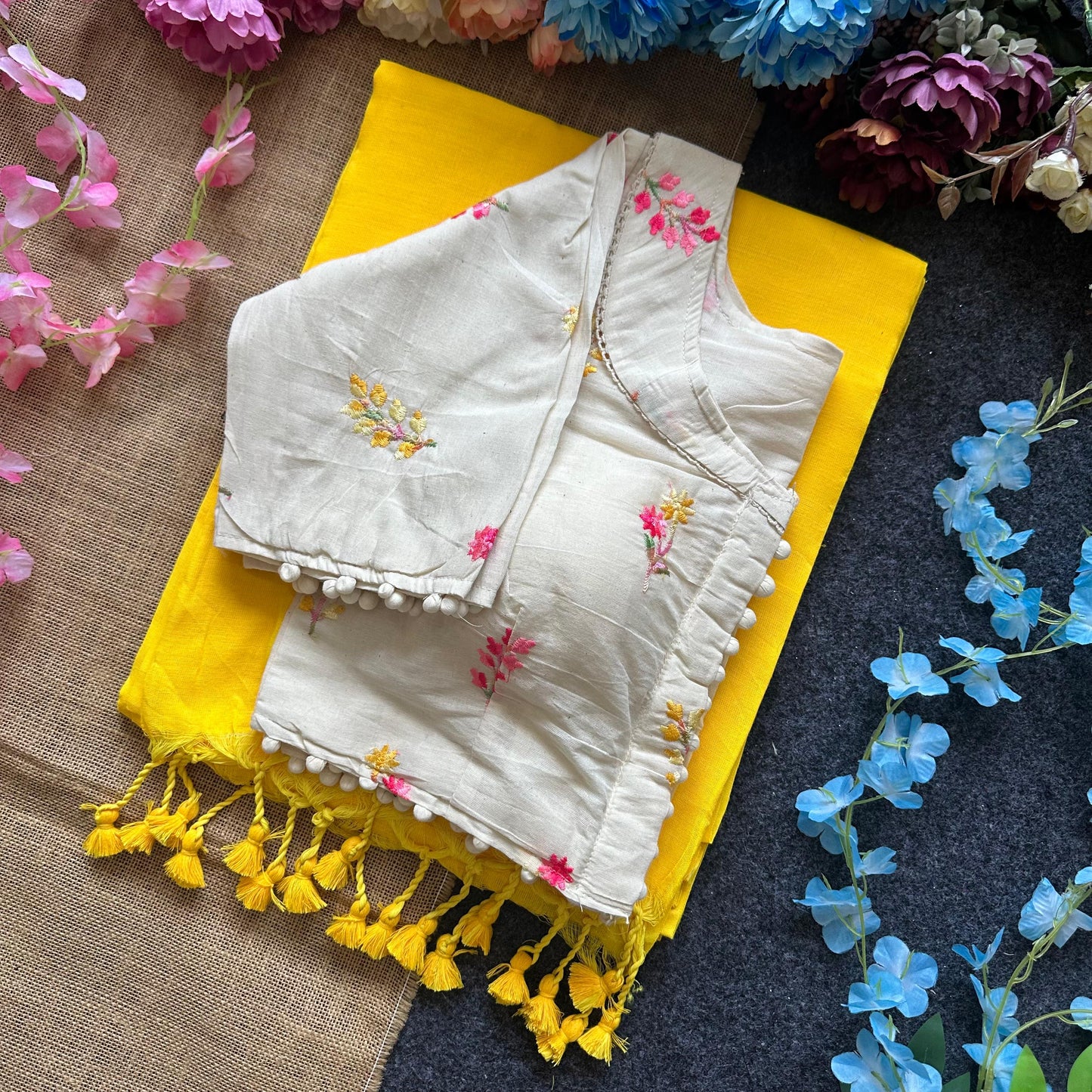 Yellow Pure Khadi Cotton Saree With Fully Stiched Work Blouse
