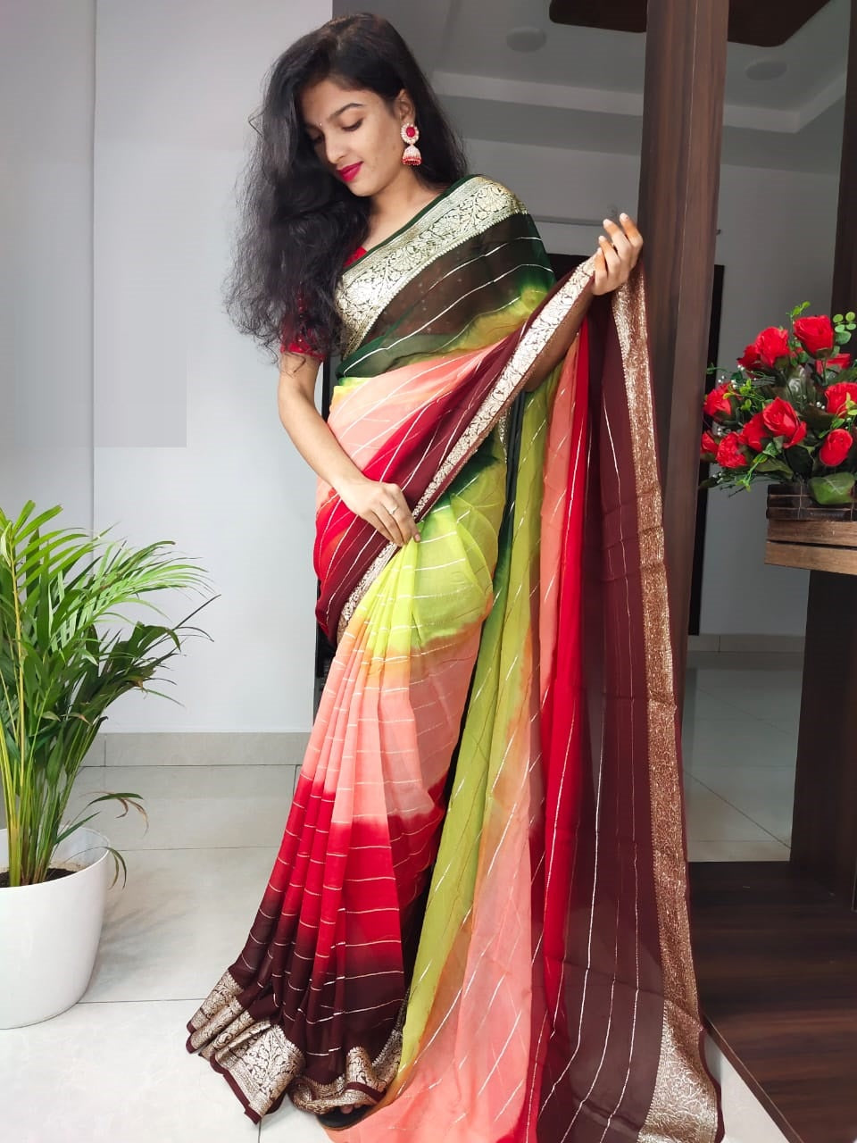 Party Wear Pure Smooth Georgette With Zari Strip All Over Saree