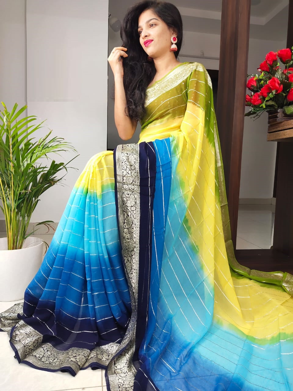Party Wear Pure Smooth Georgette With Zari Strip All Over Saree