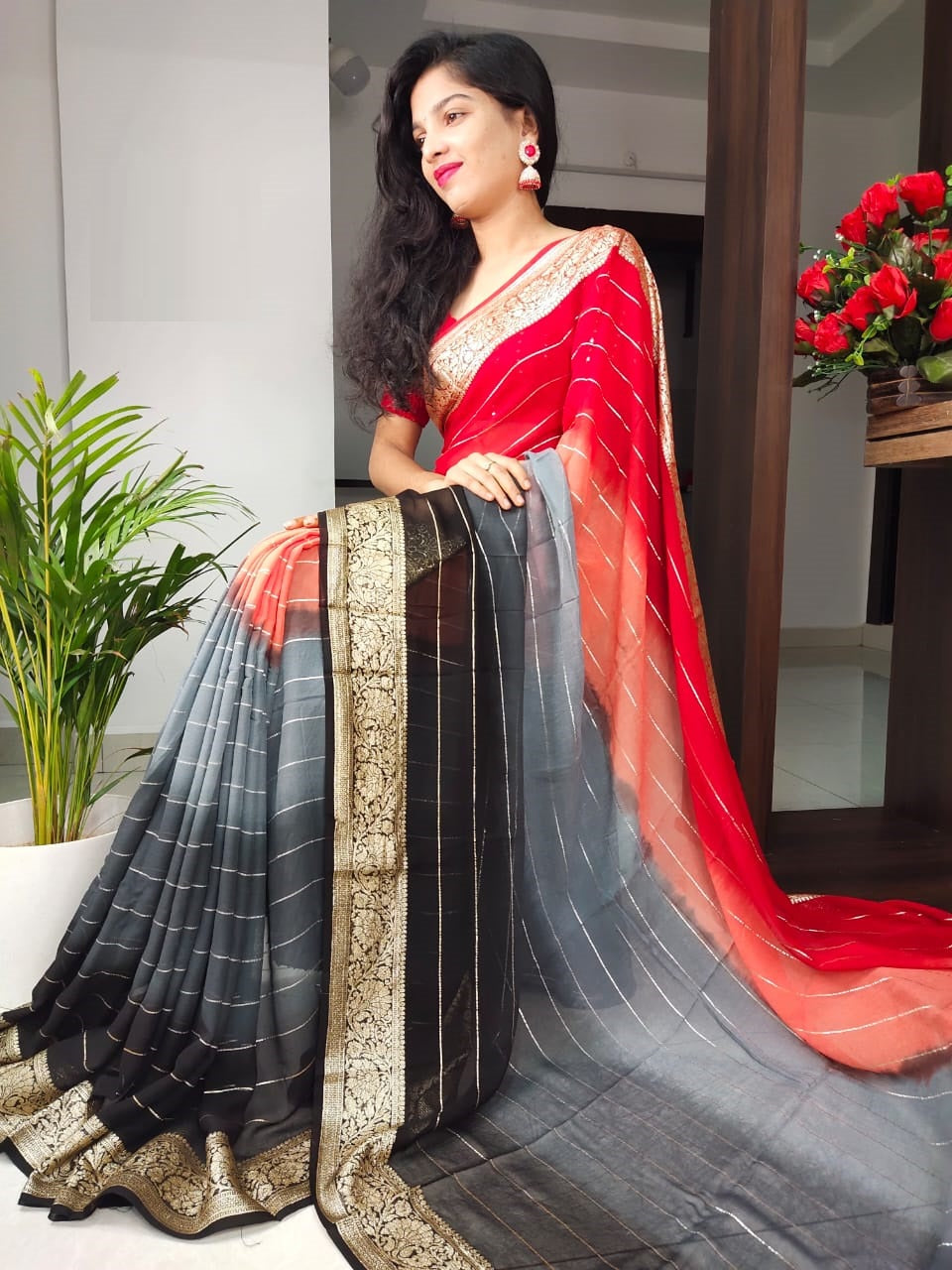 Party Wear Pure Smooth Georgette With Zari Strip All Over Saree