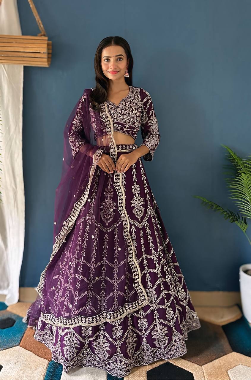 Dark Purple Color Georgette Sequence Embroidered Lehenga Choli With Duppata