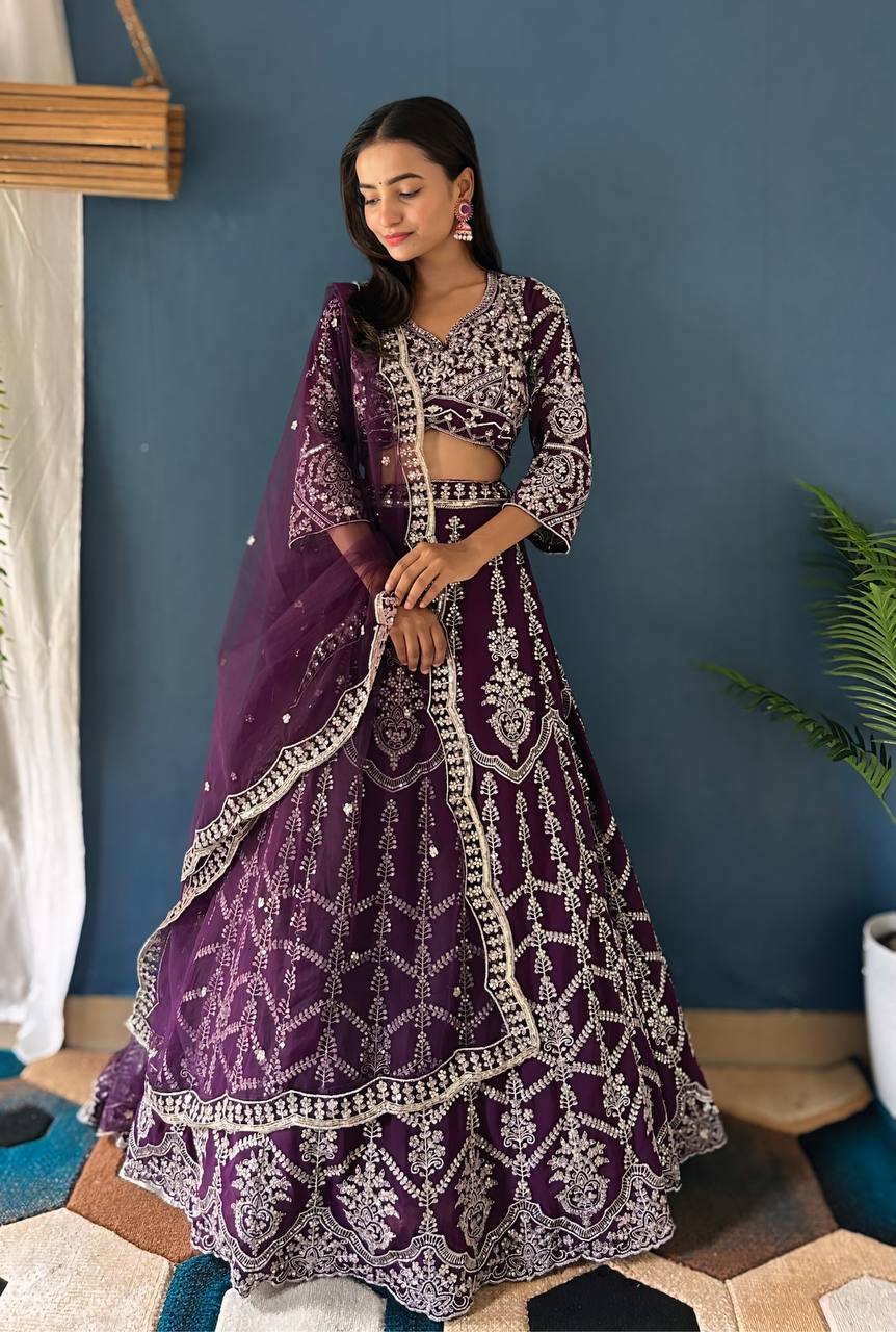 Dark Purple Color Georgette Sequence Embroidered Lehenga Choli With Duppata