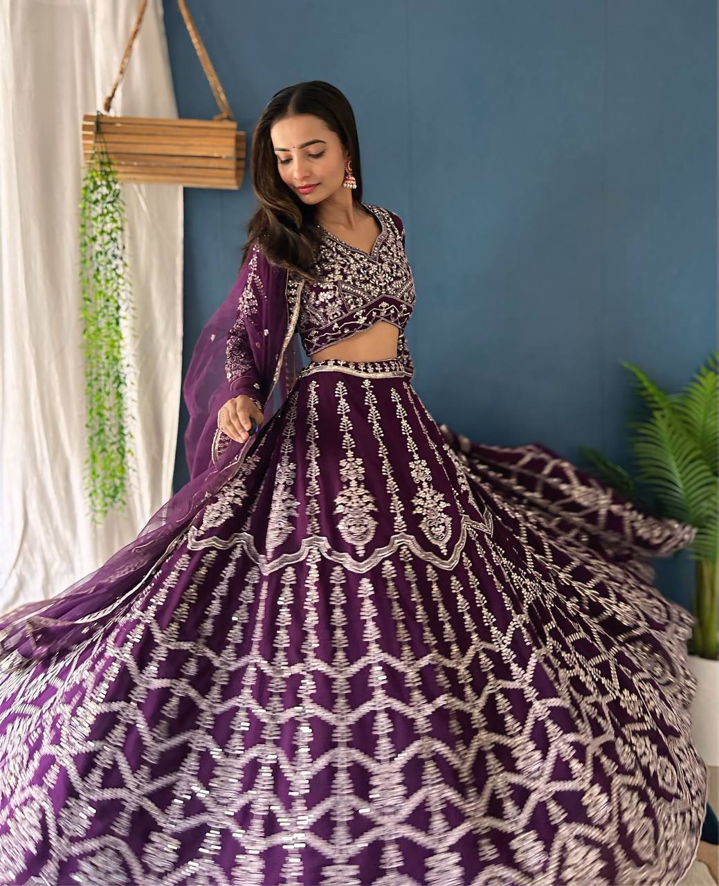 Dark Purple Color Georgette Sequence Embroidered Lehenga Choli With Duppata