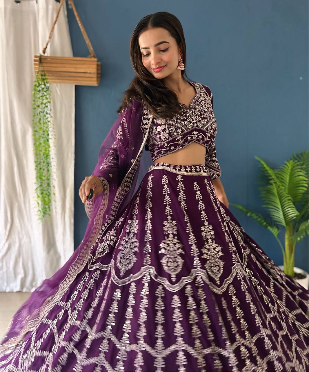 Dark Purple Color Georgette Sequence Embroidered Lehenga Choli With Duppata