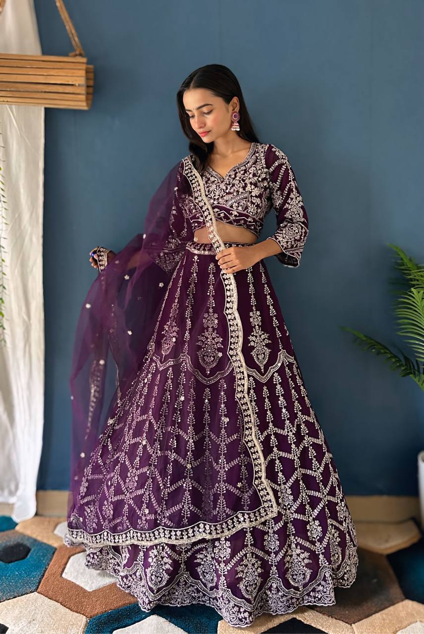 Dark Purple Color Georgette Sequence Embroidered Lehenga Choli With Duppata