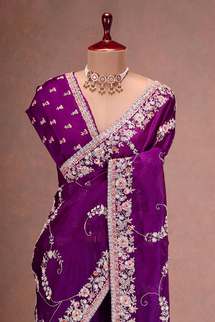 Purple Jimmi Chu Silk Embroidered Saree Blouse