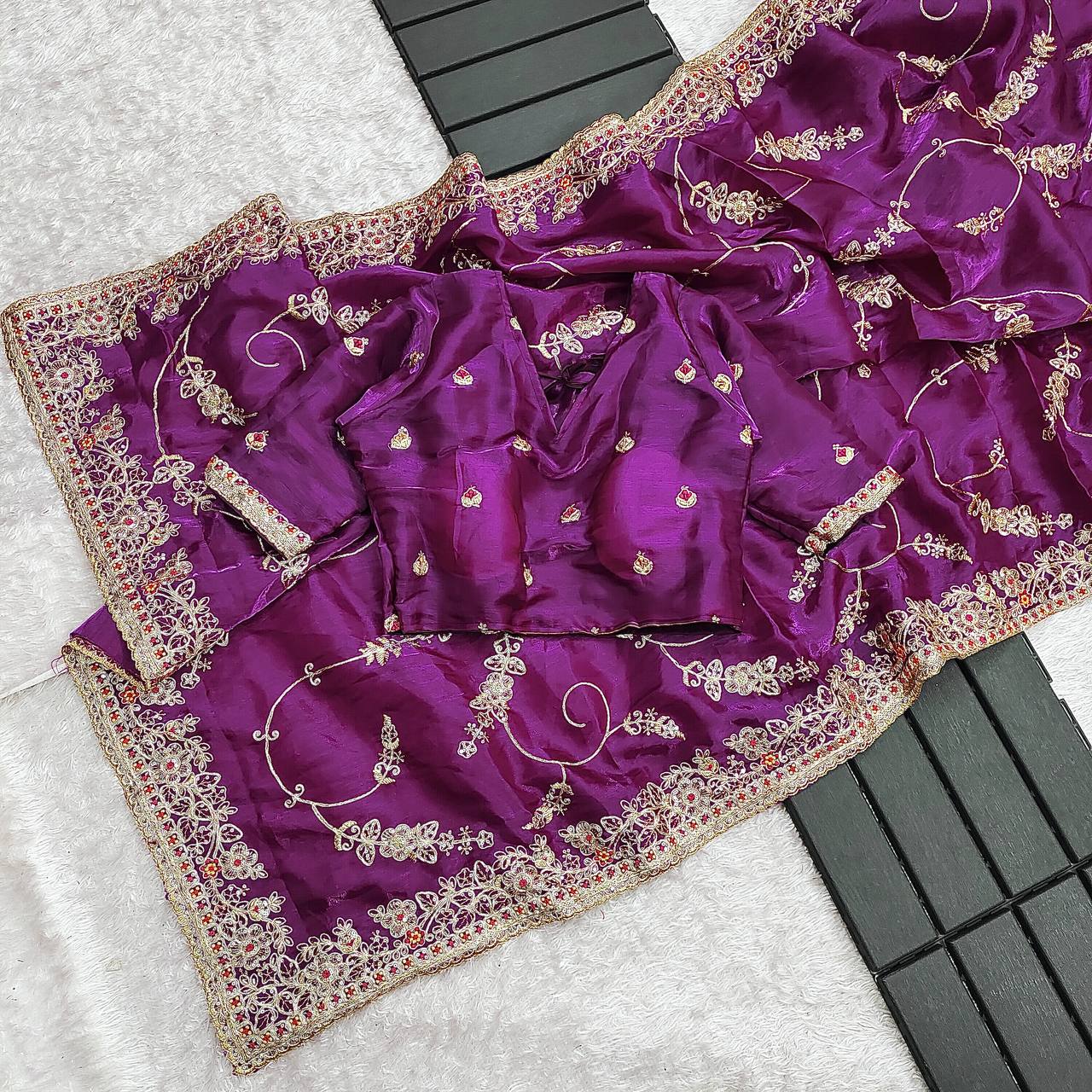 Purple Jimmi Chu Silk Embroidered Saree Blouse