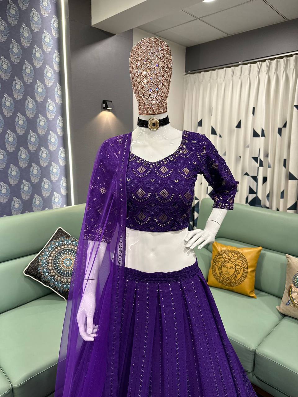 Purple Georgette Embroidered Lehenga Choli