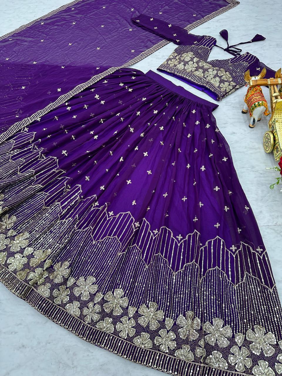 Purple Color Georgette Sequence Lehenga With Stitched Choli