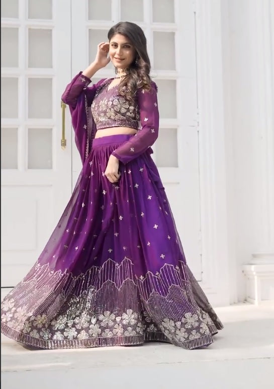 Purple Color Georgette Sequence Lehenga With Stitched Choli