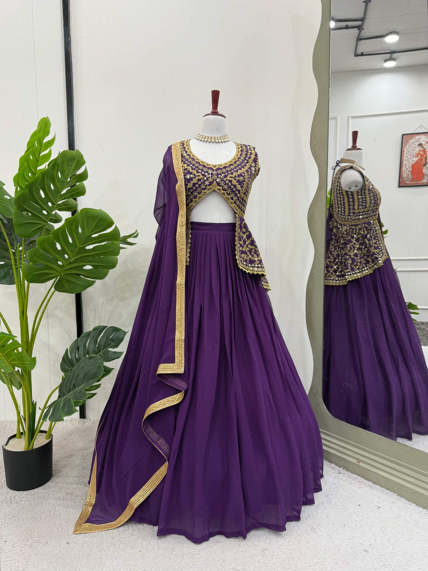 Purple Georgette Stitched Choli with Semi Stiched Lehenga