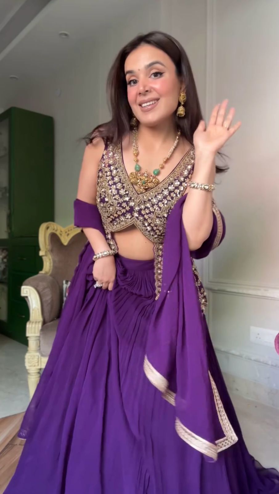 Purple Georgette Stitched Choli with Semi Stiched Lehenga