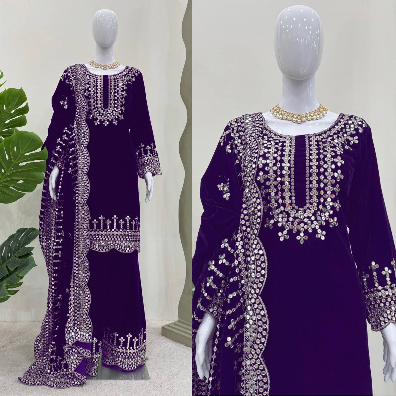 Wedding wear Purple Color Embroidered Plazo Suit