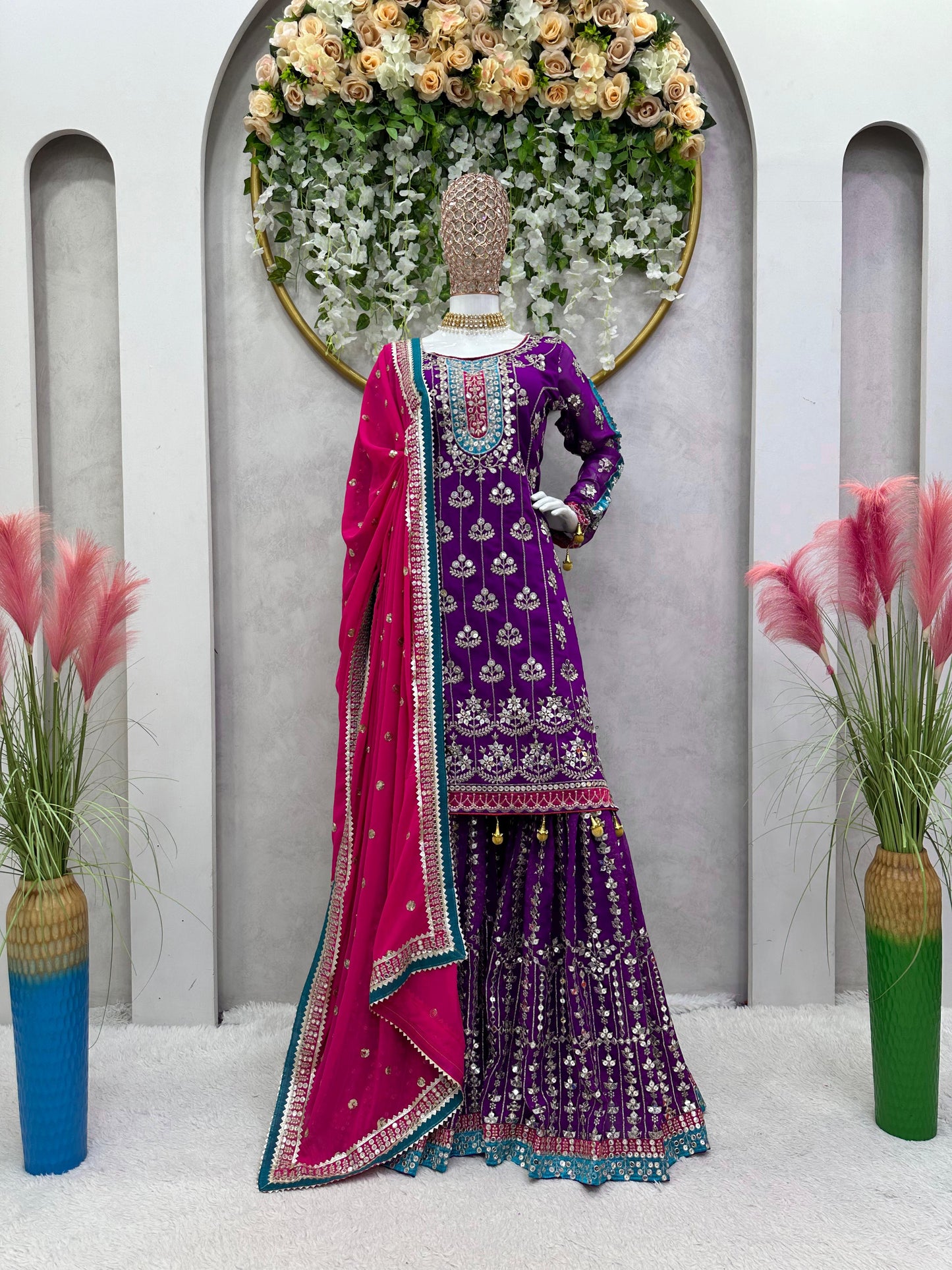 Purple Color Georgette Heavy Work Stitched Sharara Suit Set
