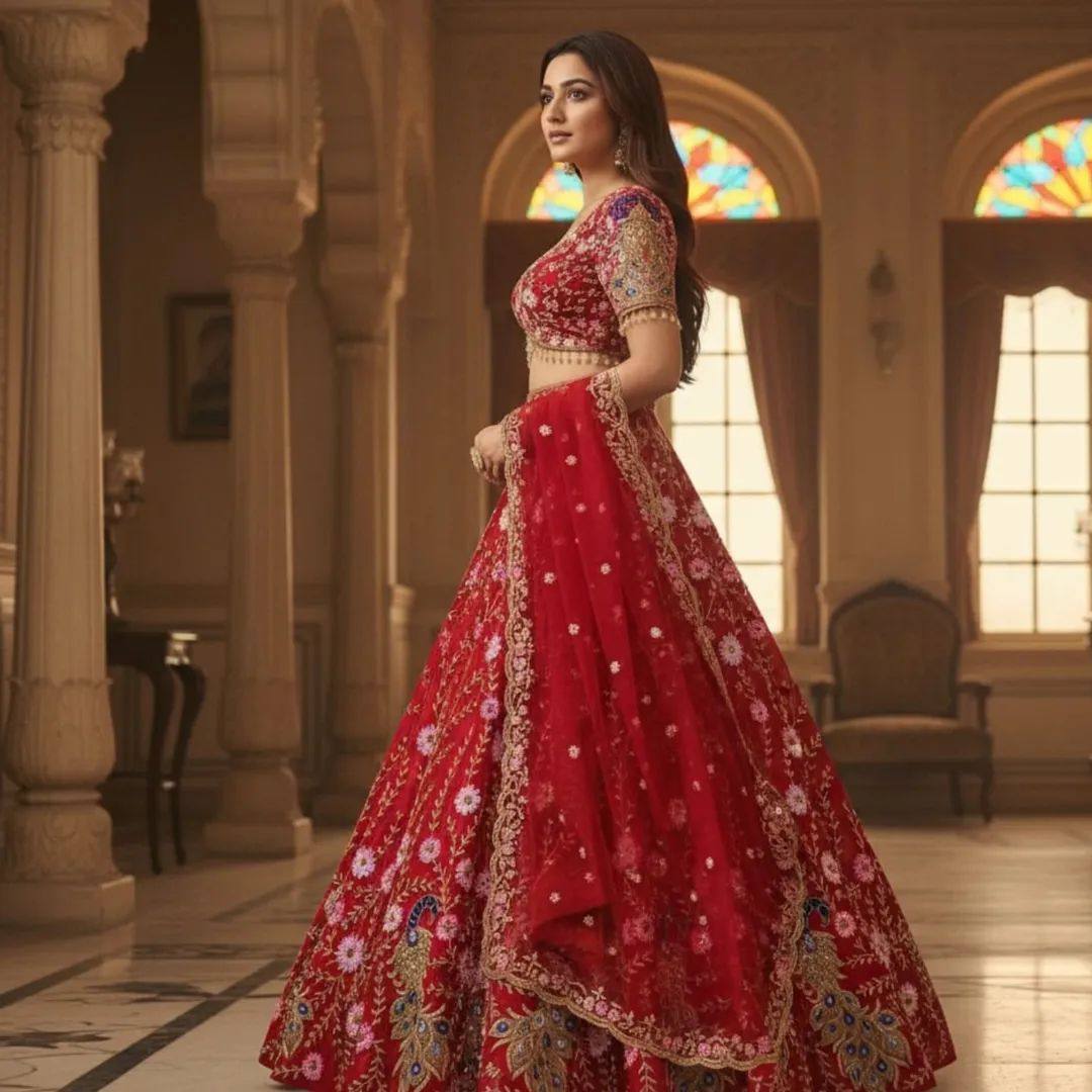 Elegant Red Net Embroidered with Sequins & Peacock Motifs Lehenga Choli
