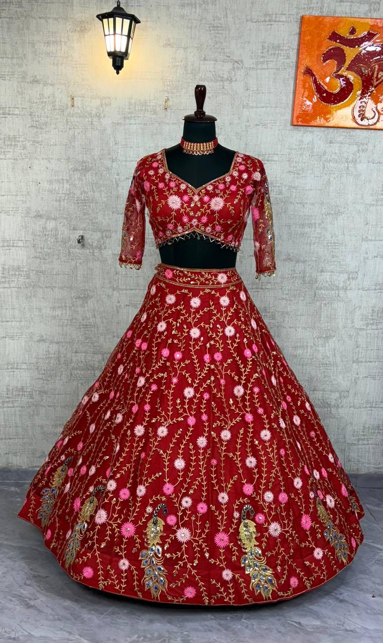 Elegant Red Net Embroidered with Sequins & Peacock Motifs Lehenga Choli