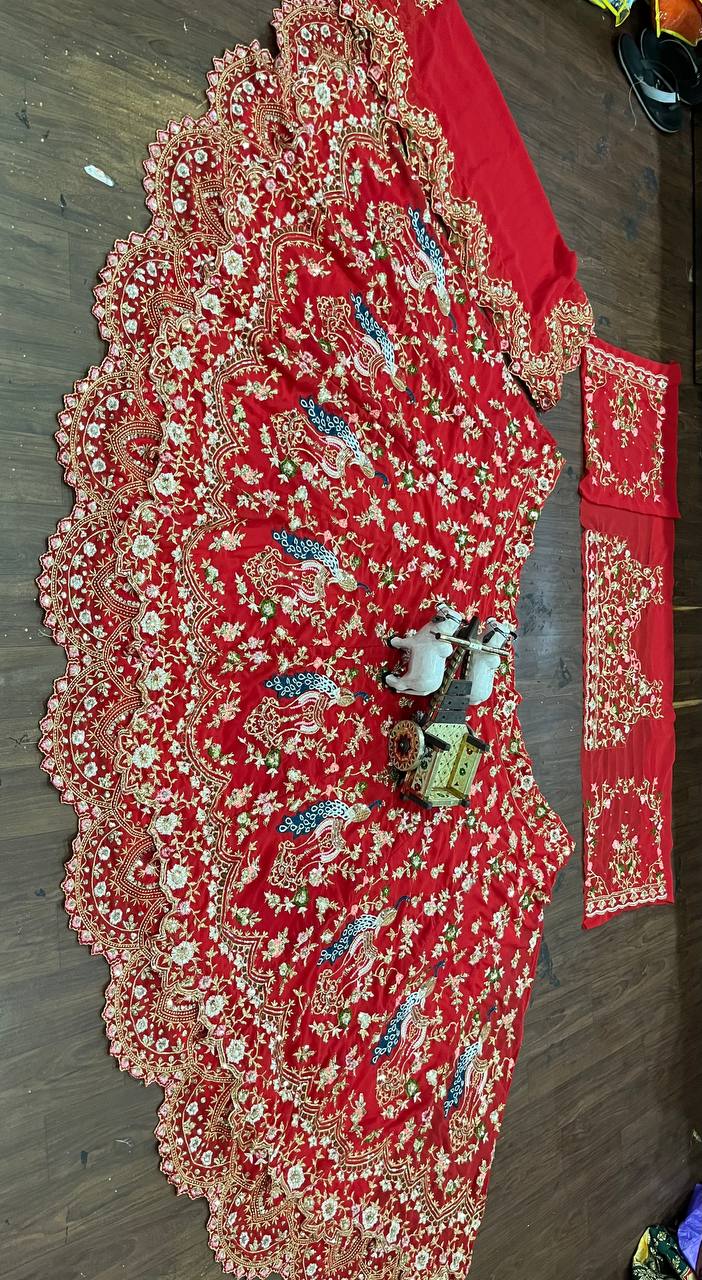 Bridal Wear Red Georgette Heavy Embroidered Semi Stitched Lehenga Choli
