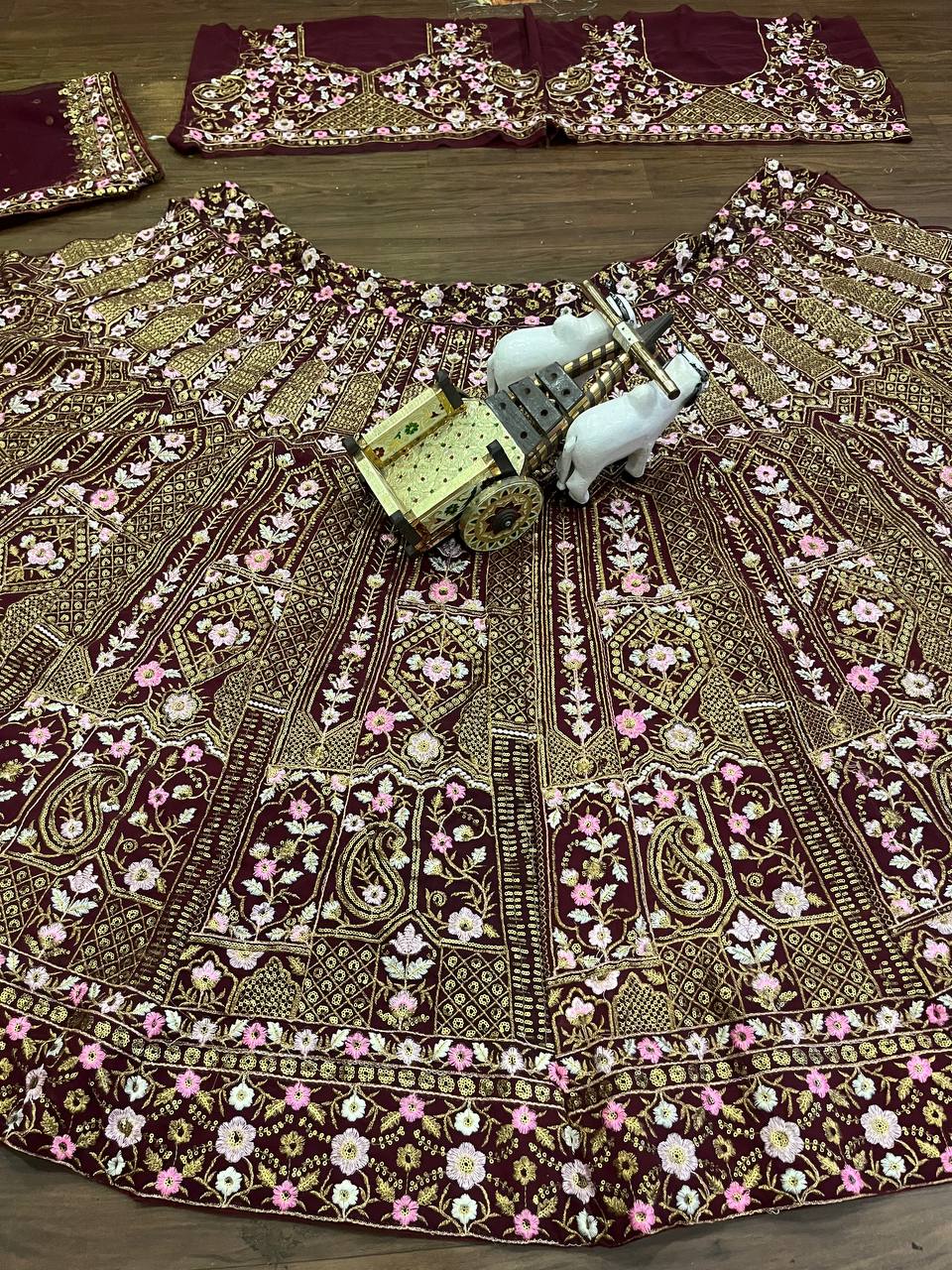 Maroon Georgette Thread & Jari Embroidered Lehenga Choli