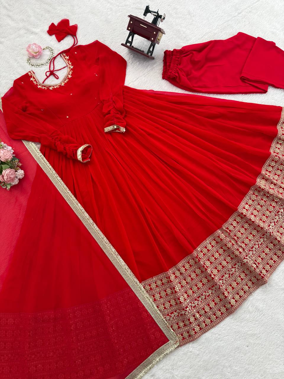 Red Long Anarkali Gown with Dupatta – Wedding & Festive Wear