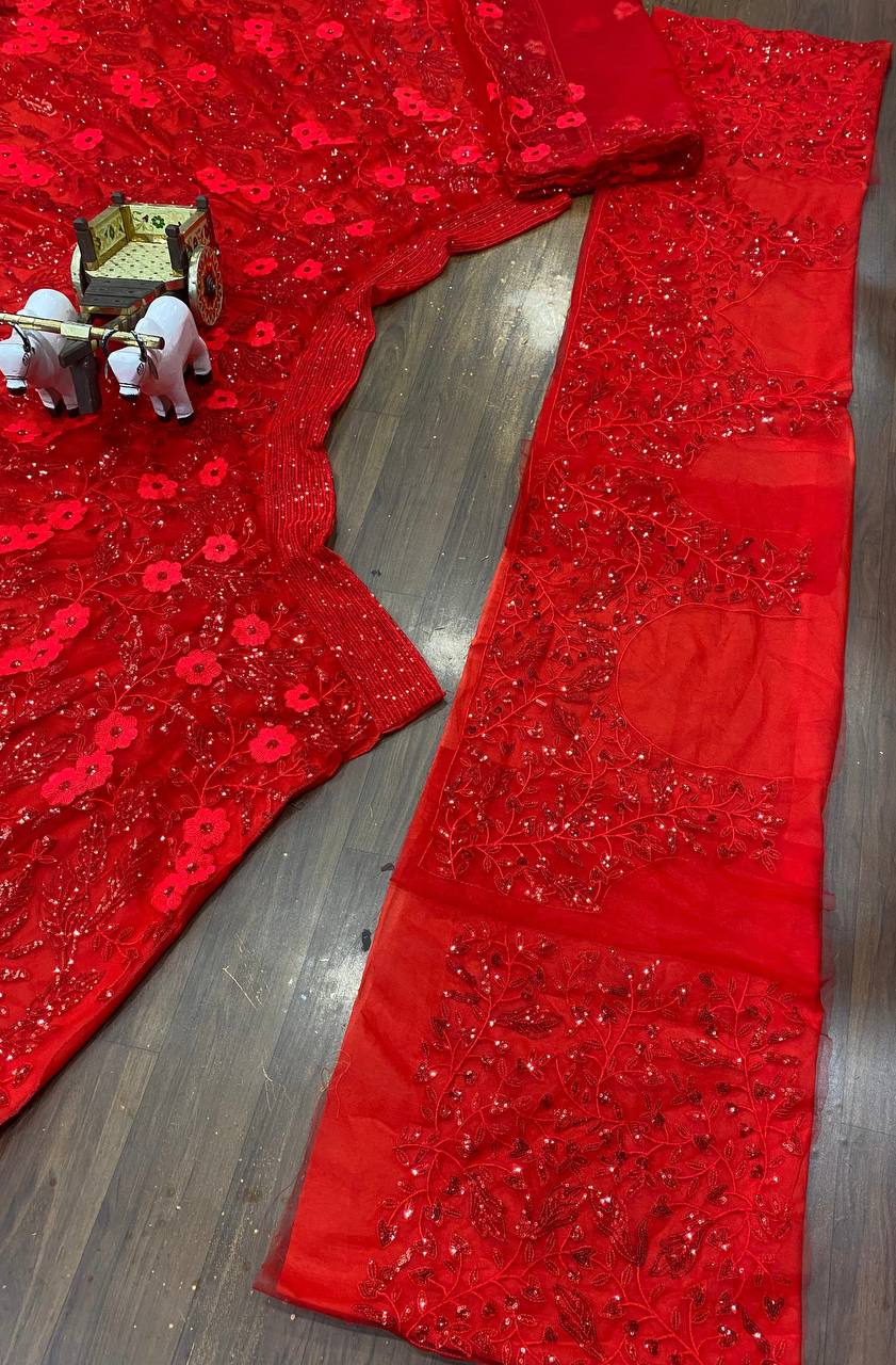 Red Color Soft Net Embroidered Lehenga Choli
