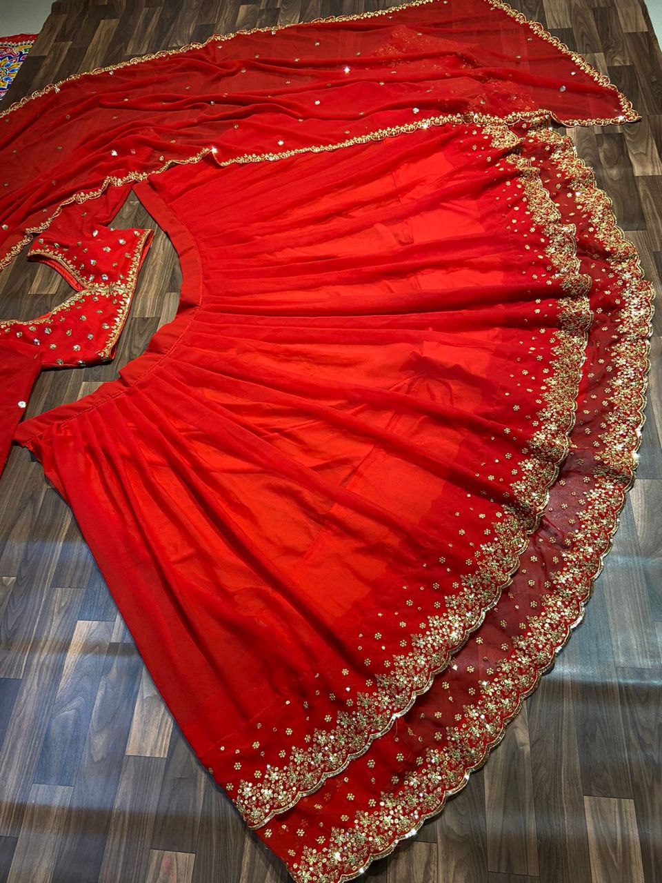 Red Georgette Ruffle Style Semi Stitched Lehenga Choli