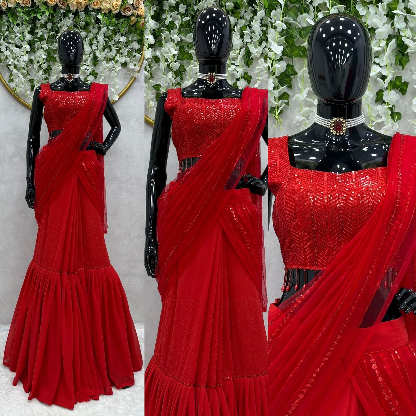 Red Color Ready To Wear Sequence Work Lehengha Saree
