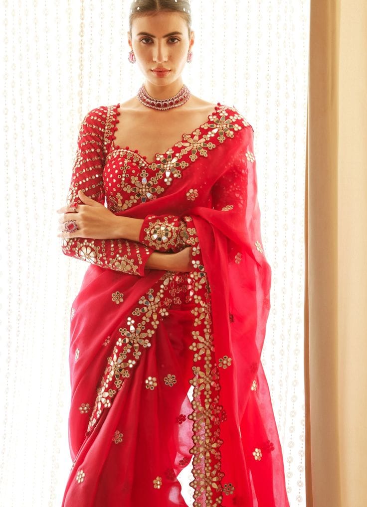 Red Color Real Mirror Work Georgette Saree with Stitched Blouse