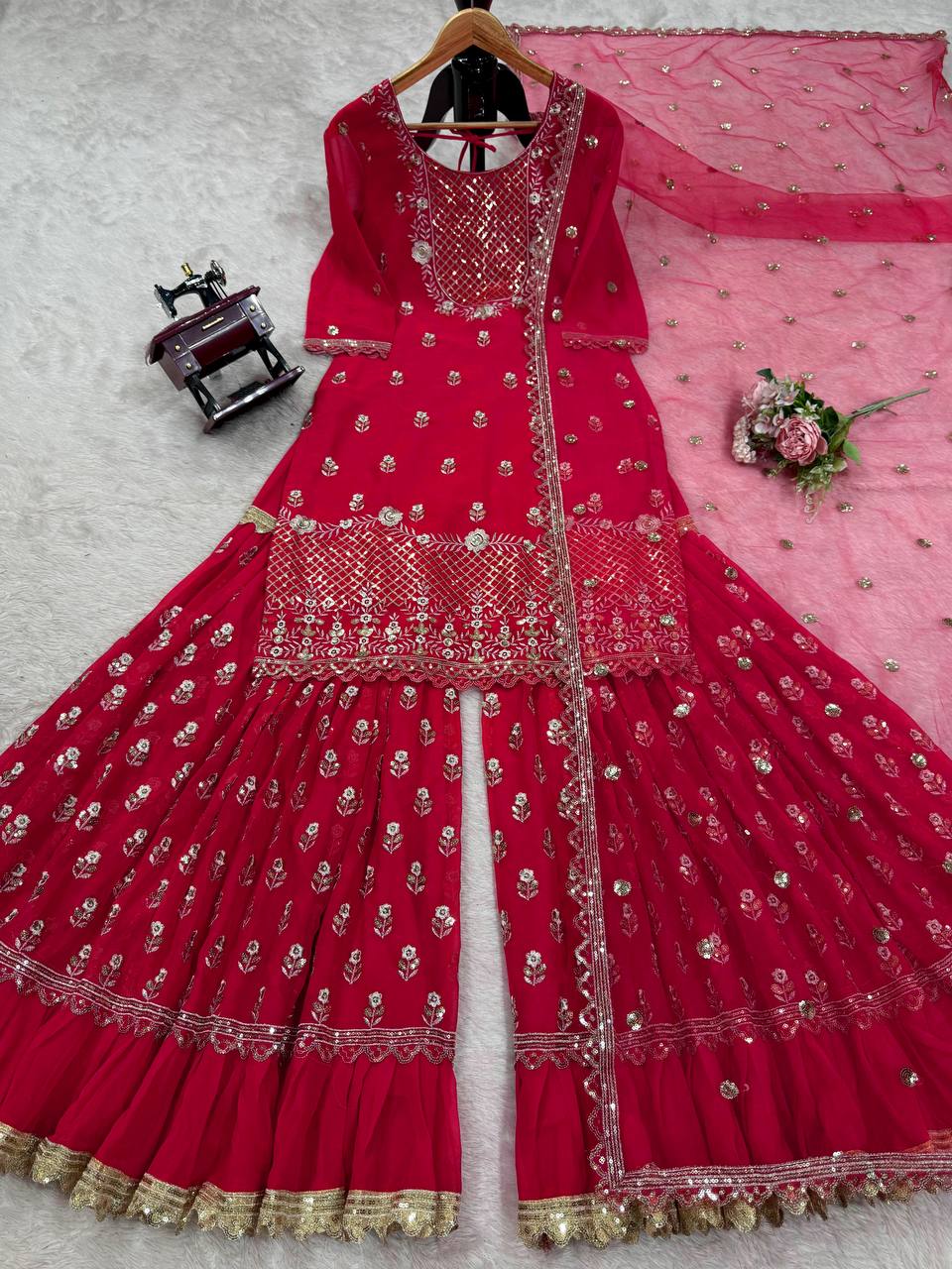 Red Faux Georgette Wedding Wear Fully Stiched Sharara Suit