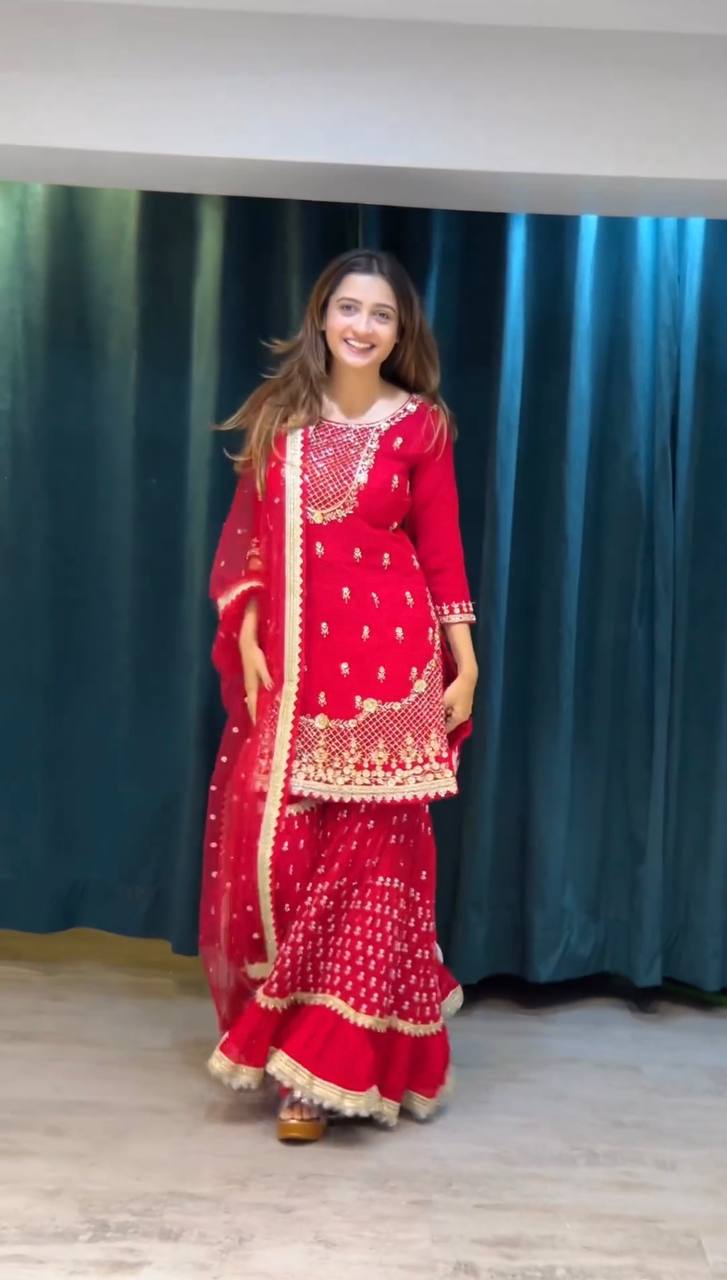 Red Faux Georgette Wedding Wear Fully Stiched Sharara Suit