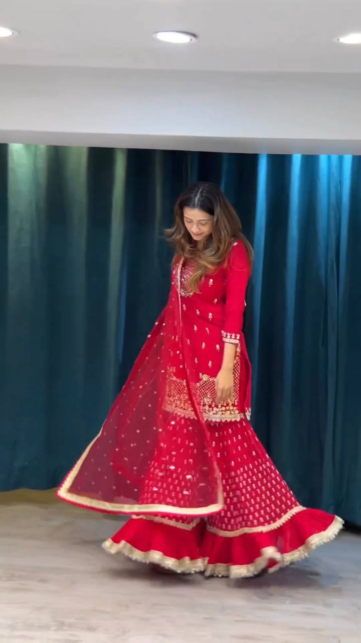 Red Faux Georgette Wedding Wear Fully Stiched Sharara Suit