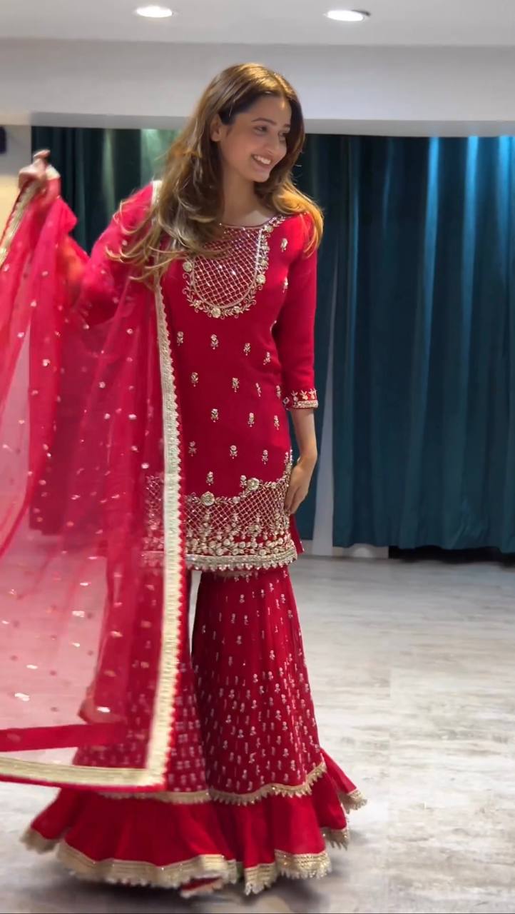 Red Faux Georgette Wedding Wear Fully Stiched Sharara Suit
