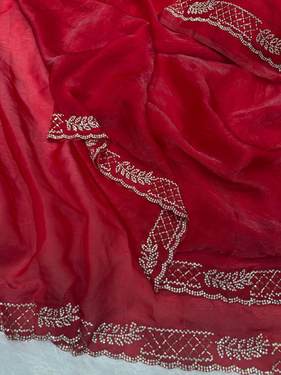 Red Silk Jakan Diamond Work Saree Blouse