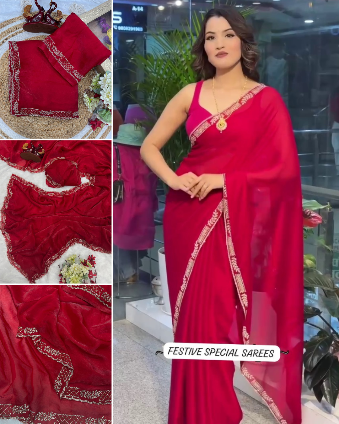 Red Silk Jakan Diamond Work Saree Blouse